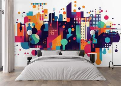 Colorful abstract city illustration with people silhouettes and geometric shapes. Wall mural