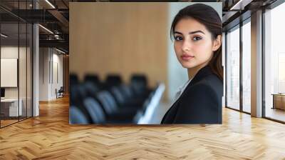 Confident businesswoman standing in a conference room, looking directly at the camera. Wall mural