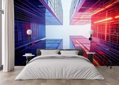 Low angle view of skyscrapers with vibrant light streaks in the sky. Wall mural