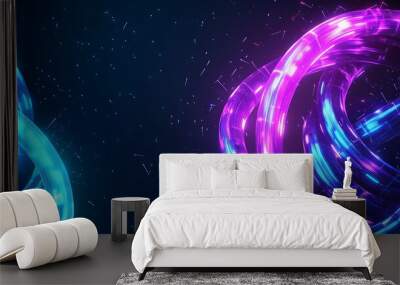 Two glowing neon blue and pink rings on a dark blue background with light particles. Wall mural