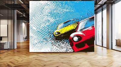 Two vintage sports cars in a retro halftone pattern. Wall mural