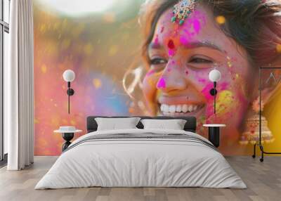 Beautiful Indian woman in a colorful Holi festival, with a blurred background and copy space. A beautiful young smiling girl celebrating the traditional Hindu holy spring season on a bright day, Wall mural