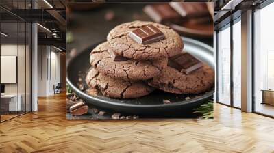 A stack of chocolate chip cookies with chocolate chips on the table Wall mural