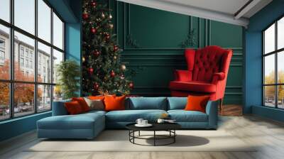 Cozy living room with Christmas tree, presents, and a red chair
 Wall mural