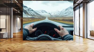 Driver's hands on the wheel, traveling down an empty road with snowy mountains ahead.
 Wall mural