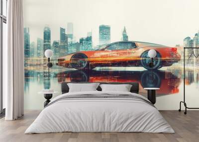 Futuristic Sports Car with City Skyline Reflection in Water. Wall mural