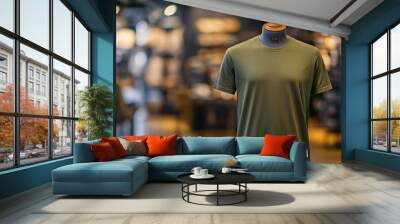 Mockup of Green t-shirt displayed on a mannequin in a stylish clothing store. Wall mural