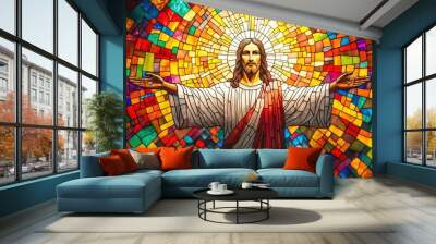 Stained Glass Window Depicting Jesus Christ with Outstretched Arms
 Wall mural