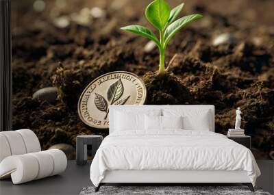 a small plant growing on a coin lying on the ground. Green investment concept, Collecting money to invest. Financial growth concept Wall mural