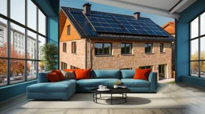 Close-up of a new suburban house with a photovoltaic system on the roof. Simple and modern environmentally friendly house with solar panels on the gable roof, with sunlight during the day Wall mural