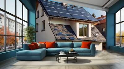 Close-up of a new suburban house with a photovoltaic system on the roof. Simple and modern environmentally friendly house with solar panels on the gable roof, with sunlight during the day Wall mural