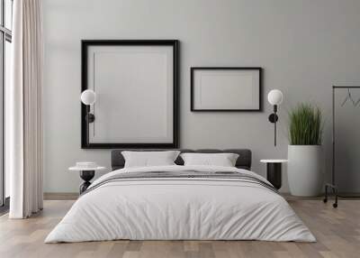 Empty frame. Blank black mounted landscape frame on white wall Wall mural