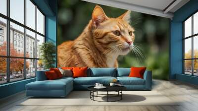 orange cat with blur background, orange cat is sitting and looking Wall mural