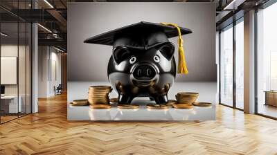 Piggy bank with coins and black graduation cap as a symbol of education loan Wall mural