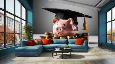 Piggy bank with coins and black graduation cap as a symbol of education loan Wall mural