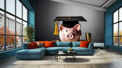 Piggy bank with coins and black graduation cap as a symbol of education loan Wall mural