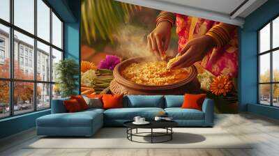 happy pongal day tamil nadu traditional indian festival background, diwali, makar sankranti Wall mural