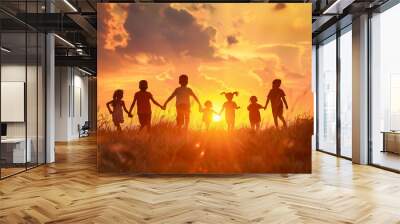 international children day background, kids silhouette in sunset and blue sky Wall mural