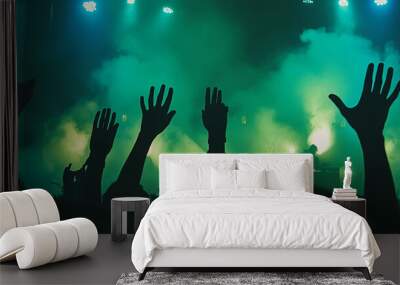 night club EDM party DJ mixing electronic music with turn table background, silhouettes of people dancing and raising their hands Wall mural