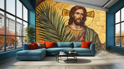 palm sunday background christianity celebration, Christian Palm Sunday with palm branches and leaves and cross Wall mural