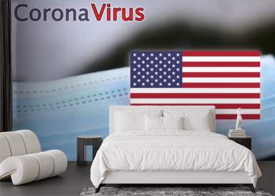 Close up of a surgical mask with an american flag concept of Corona Virus in United States Wall mural