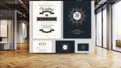 Wedding anniversary celebration party invitation design template. Luxury frame elements and background. Vector illustration Wall mural