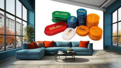 Stack of chips, isolated on white background. Colors: ivory, orange, blue, green, red. Betting, winning and losing at gambling. Play poker with fiches. Wall mural