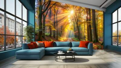 Autumn forest path with sunlight Wall mural