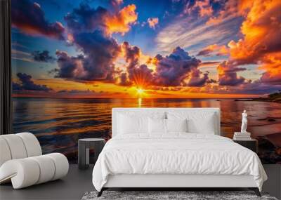 Beautiful scenic golden yellow sunrise off the cost over ocean sea water wave early morning cloudy sky Wall mural