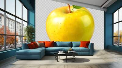 Bright yellow apple with a shiny skin and a green stem, isolated Wall mural