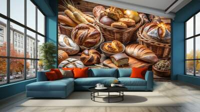 Freshly baked bread and pastries on a wooden table Wall mural