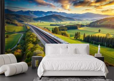 High-speed train traveling through scenic countryside landscape Wall mural