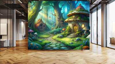 Pathway winding through enchanted forest leading to mushroom houses Wall mural