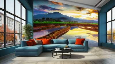 beauty morning sky reflection in amazing mountain range. bengkulu, indonesia Wall mural