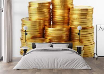 Gold coins stacking isolated on transparent background Wall mural