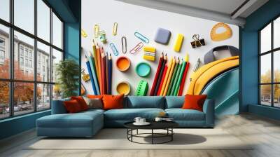 Back to school flat lay. School supplies on white background Wall mural