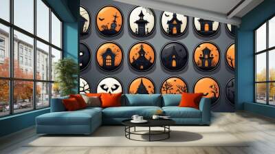 Classic Halloween Icons: A set of simple, flat icons featuring classic Halloween symbols like a pumpkin, ghost, bat, witch hat, black cat, and spider. Wall mural