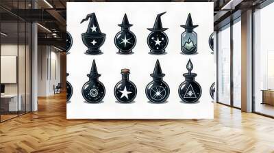 halloween magical icon set with witchy elements such as a bubbling cauldron, crystal ball, broomstick, spell book, potion bottle, and a pentagram. set of vases. set of black and white icons Wall mural