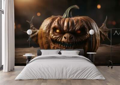 jack o lantern. Pumpkin in realistic goblin shape, Halloween. halloween jack o lantern. jack o lantern in the night Wall mural