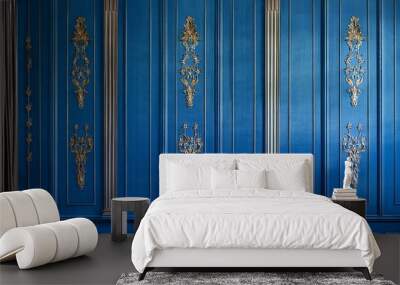 Wall panels. Classic interior wooden wall. Modern luxury blue decor.
 Wall mural