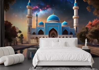 Beautiful Mosque with Galaxy Background for Ramadan Background Wall mural