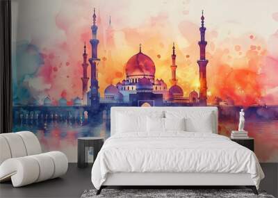 Heavenly Image: Watercolor Paintings of Islamic Mosques in Vector Art Illustration Wall mural