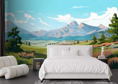 Fabulous landscape of the river in the mountains, warm sunset light. Panorama of mountain peaks, streams of water from mountain lakes. 3d illustration Wall mural