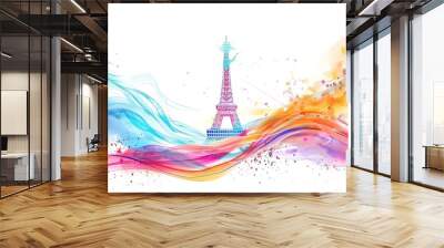 France, Paris urban sketch. Eiffel tower illustration on white background with flag.. Architectural drawing of historical building. Watercolor, digital painting. Wall mural