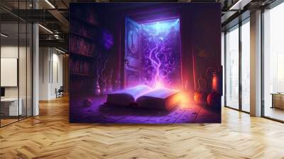 
A magical, enchanted book with a bright glowing mystical light. Book of fairy tales with open pages, magical shining starlight. 3d illustration Wall mural