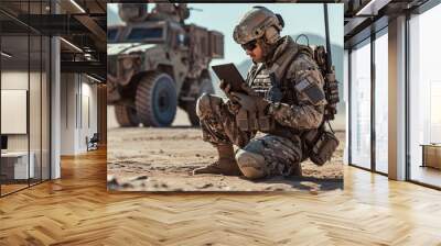 a soldier in full combat gear is kneeling on the background  soldiers in the desert Wall mural