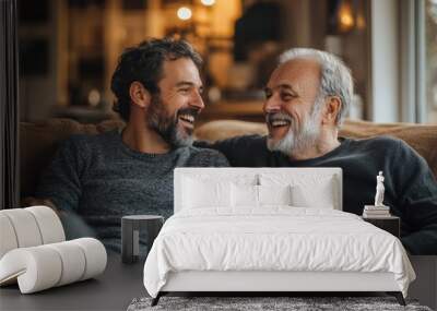 adult son and senior father talking and laughing at home, Generative AI Wall mural