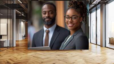 Business woman holding a laptop and standing with her colleague, Generative AI Wall mural