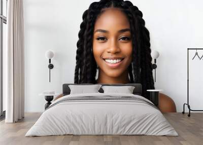 Close up portrait of smiling african american young woman with braids on white background
 Wall mural