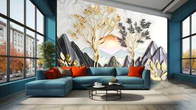 Drawing modern Landscape art 3d mural wallpaper. leaves tree, golden lines, golden sun and gray mountain, colorful marble background Wall mural